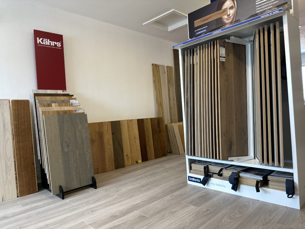 Hardwood and laminate display in flooring showroom